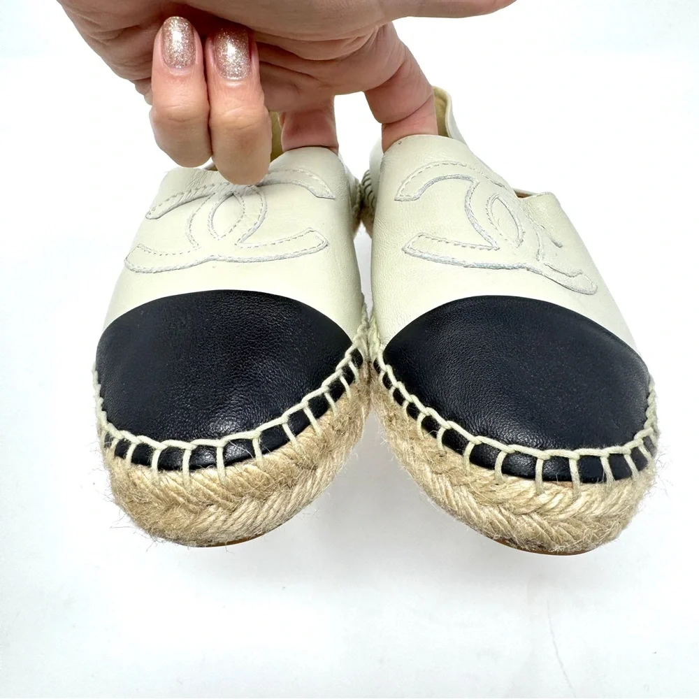 CHANEL Women's Black and Cream CC Logo Espadrilles Lambskin Leather